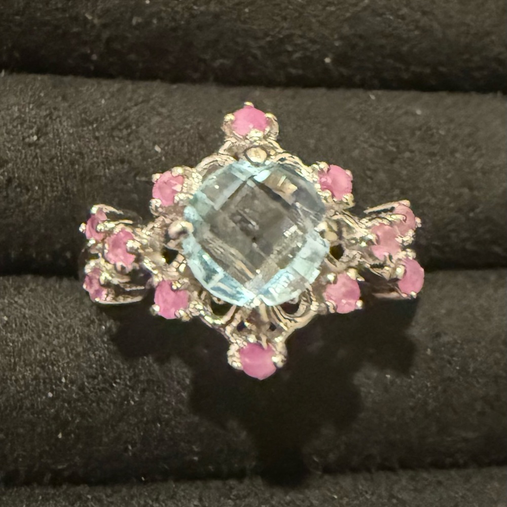 Bespoke Natural Sky Blue Topaz and pink ruby set in 925 Sterling silver ring, 9